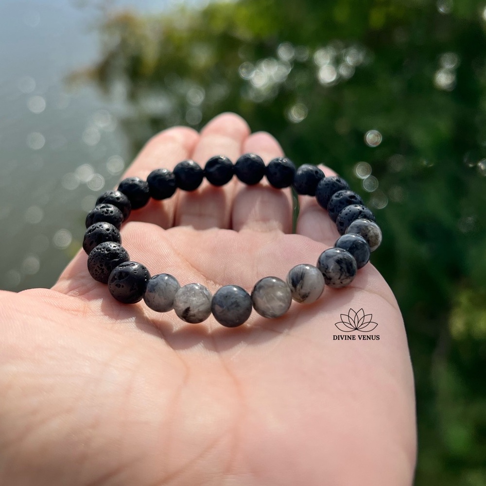 Tourmalinated Quartz & Lava Rock Stretch Bracelet – 7.5” Unisex